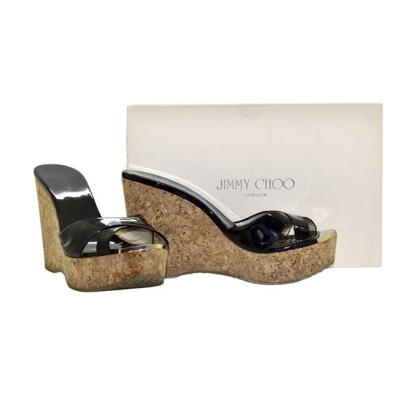 C0 Auth JIMMY CHOO Black Patent Leather Cork Wedge Sandals Shoes Size 40.5 - Picture 1 of 6